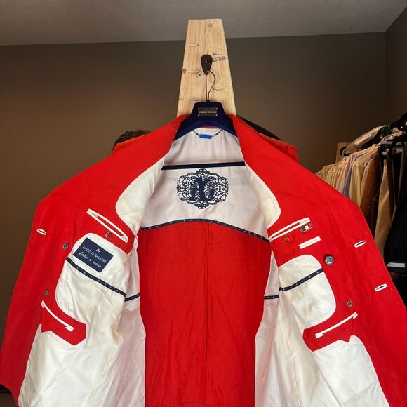 Deluxe Angelo Galasso Couture Italy Silk Linen Blend XL Red White Jacket - Picture 10 of 11